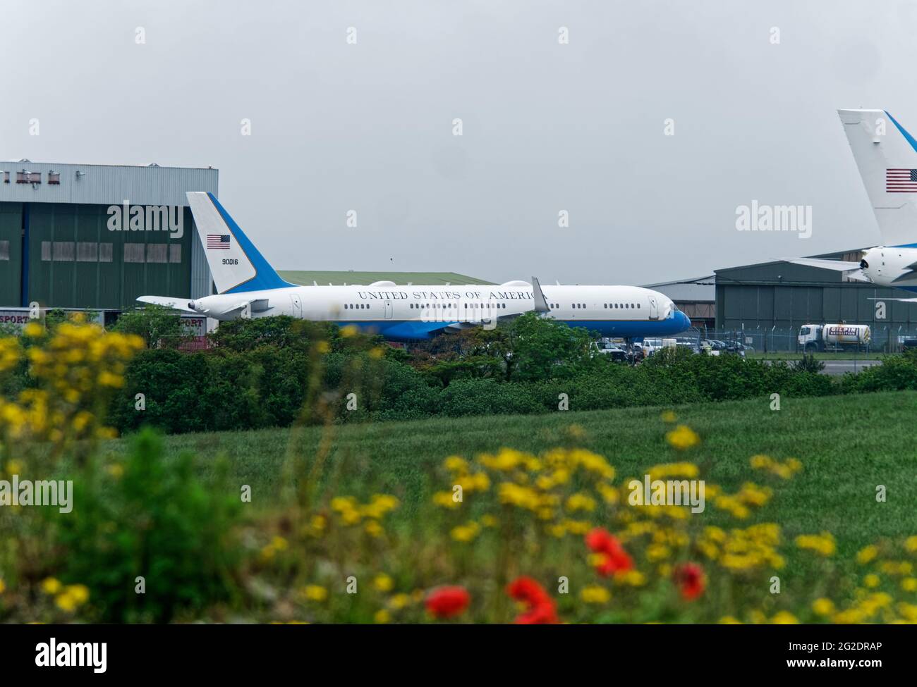 Newquay Cornwall Airport. G7, Airforce One and support aircraft at Cornwall airport. Pfizer corp CEO Albert Bourla`s company aircraft parks next to Boris Johnson`s aircraft.  Essex police seconded to Cornwall check plane spotters. 10th June 2021. Credit: Robert Taylor/Alamy Live News Stock Photo